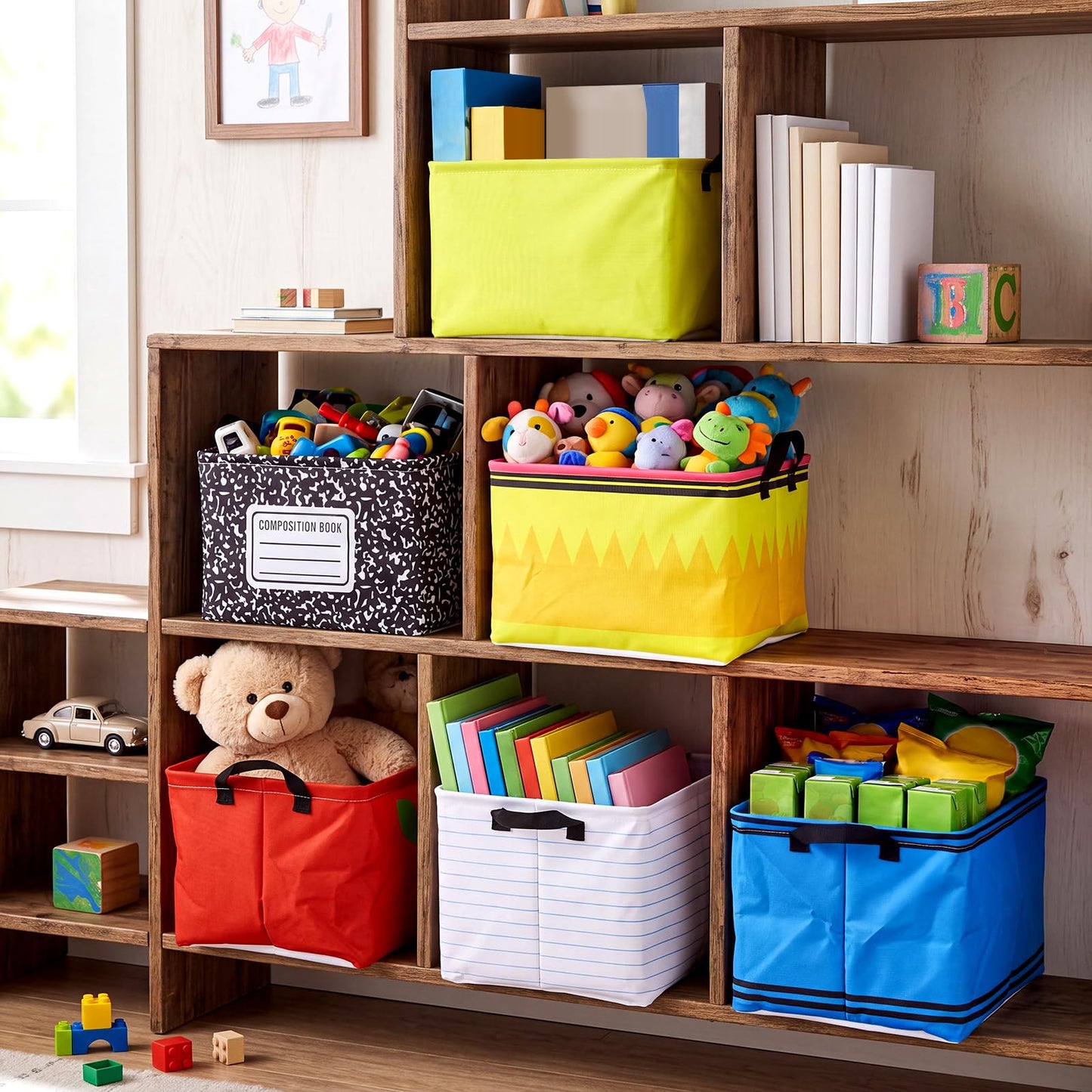 Vesici 6 Pcs Back to School Storage Basket 15 x 10 x 8.6 Inches Rectangle Classroom Storage Bins with Handles Collapsible Canvas Organizer Boxes for Classroom Library Home Nursery