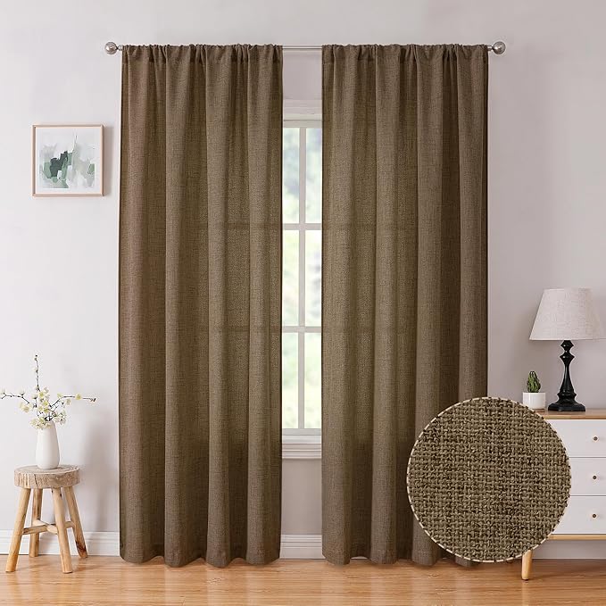 Tollpiz Linen Curtain Living Room Rod Pocket Semi Sheer Curtains Burlap Light Filtering Thick Linen Drape for Bedroom, 54 x 72 inches Long, Brown, Set of 2 Panels