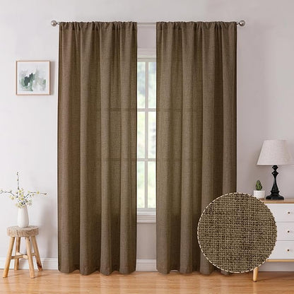 Tollpiz Linen Curtain Living Room Rod Pocket Semi Sheer Curtains Burlap Light Filtering Thick Linen Drape for Bedroom, 54 x 72 inches Long, Brown, Set of 2 Panels