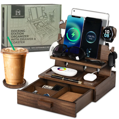 Black Wood Phone Docking Station for up to 3 Phones - Nightstand Organizer for Men & Women, Compatible with Apple Watch, Holds Phones, Tablets, Keys, Rings, Glasses, Watches, EDC & More
