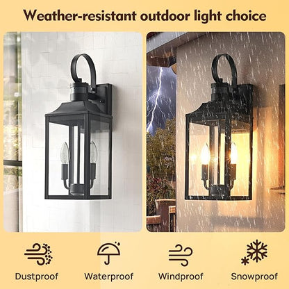 18.9" Black Motion Sensor Outdoor Wall Lantern, 2-Light Industrial Porch Light with Clear Glass Waterproof Exterior Light Fixture Sconce for Outside Porch, Patio, and Garage (1 Pack)