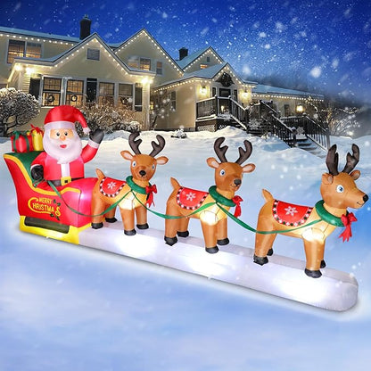 FunFanso 12FT Christmas Inflatables Santa Claus on Sleigh Outdoor Decorations, Blow Up 3 Reindeers Pulling Santa's Sleigh with Gift Boxes, Built-in LED Lights for Xmas Party Decor Yard Garden Lawn