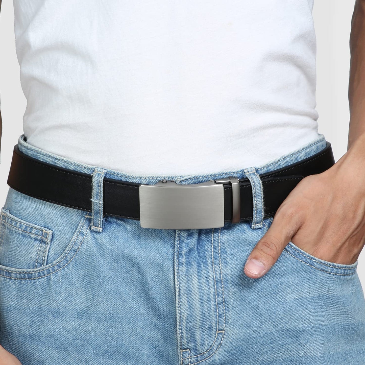 Founders & C Men's Ratchet Belt 1 3/8",Leather Dress Belt Adjustable with Click Sliding Buckle Trim to Exact Fit (Silver Buckle-Black, 28"-42" Waist Adjustable)