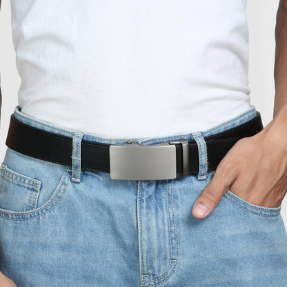 Founders & C Men's Ratchet Belt 1 3/8",Leather Dress Belt Adjustable with Click Sliding Buckle Trim to Exact Fit (Silver Buckle-Black, 28"-42" Waist Adjustable)