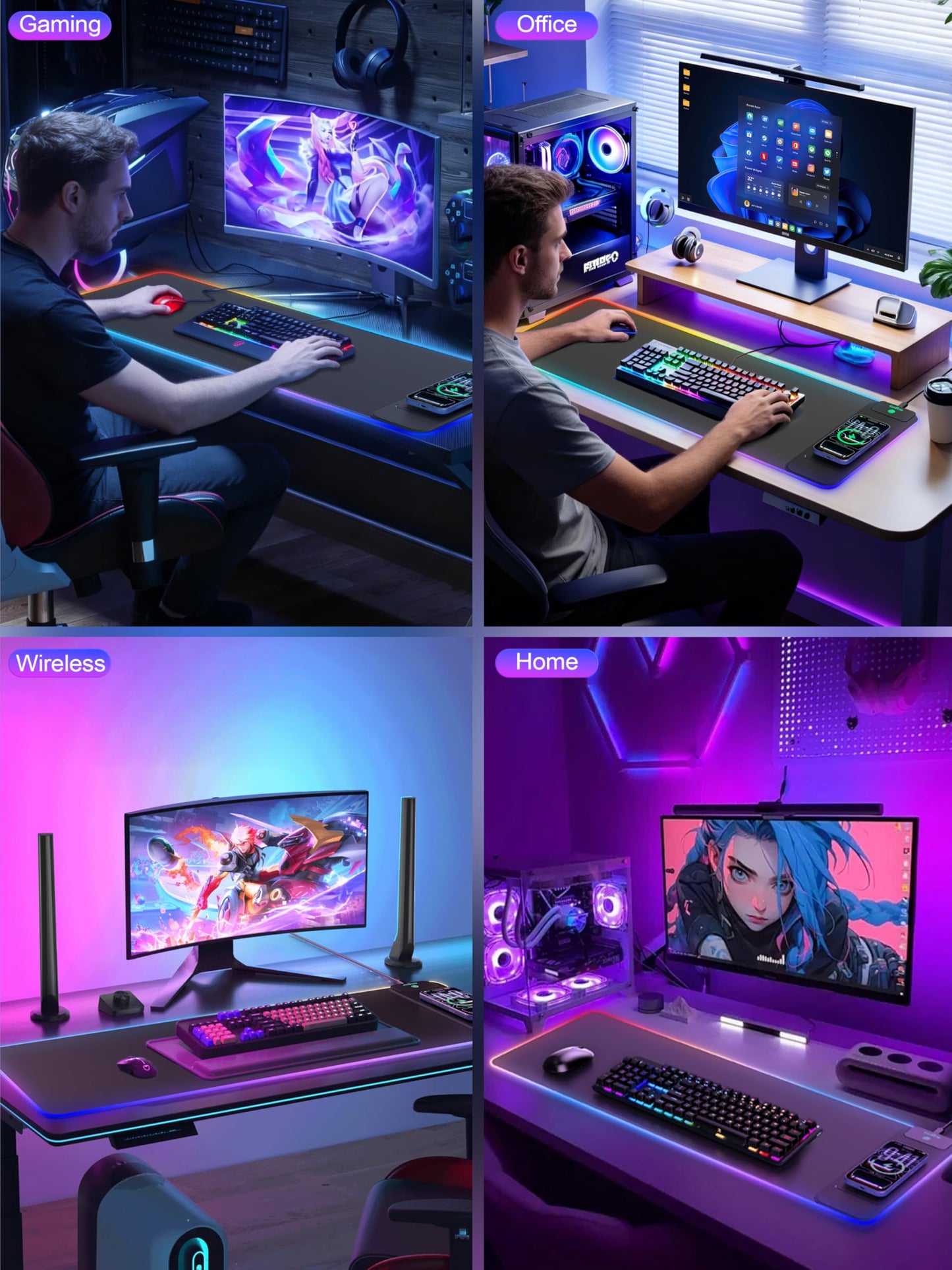 Mouse Pad with 15W Wireless Charging, RGB Gaming Mousepad, 31.5"x11.8" Large XXL Desk Mat, 16 Lighting Modes Keyboard Pad with Non-Slip Rubber Base, Waterproof Computer Mat for Gaming, Black-Right
