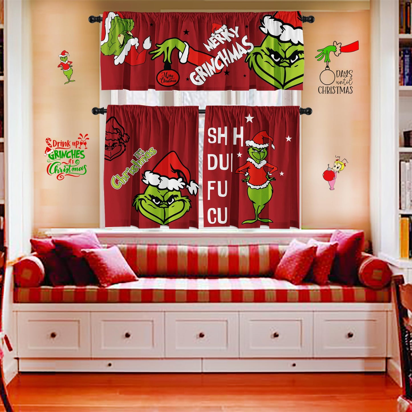 Cuteiush Christmas Valance Holiday Kitchen Curtain Small Window Valances with Rod Pocket Xmas Farmhouse Bathroom and Laundry Short Curtains Decoration 3 Panel Red Set 52Lx18W & 36Lx26Wx2
