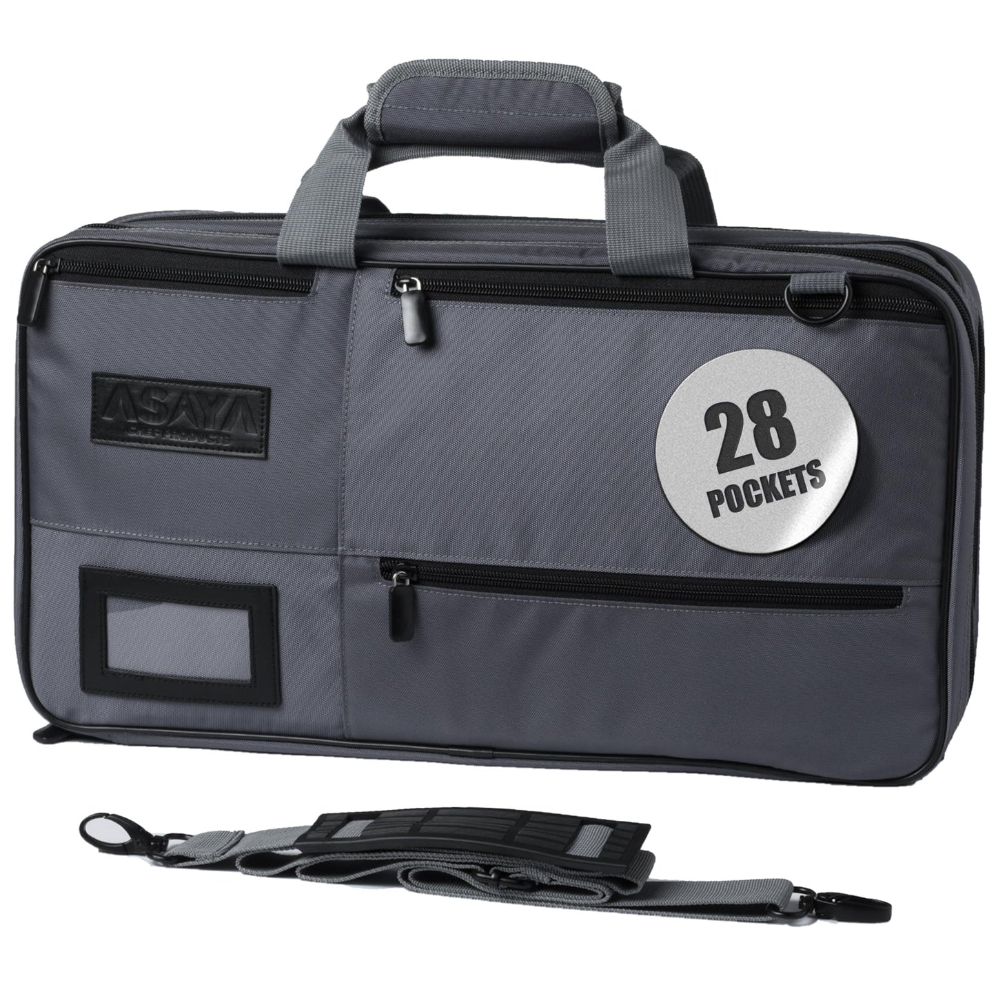 Asaya Chef Knife Bag - 28-Pocket Knives Carrying Case for Kitchen Tools and Utensils, Ballistic Nylon Chef Knife Roll Bag with Adjustable Shoulder Strap - Knives Not Included (Grey)