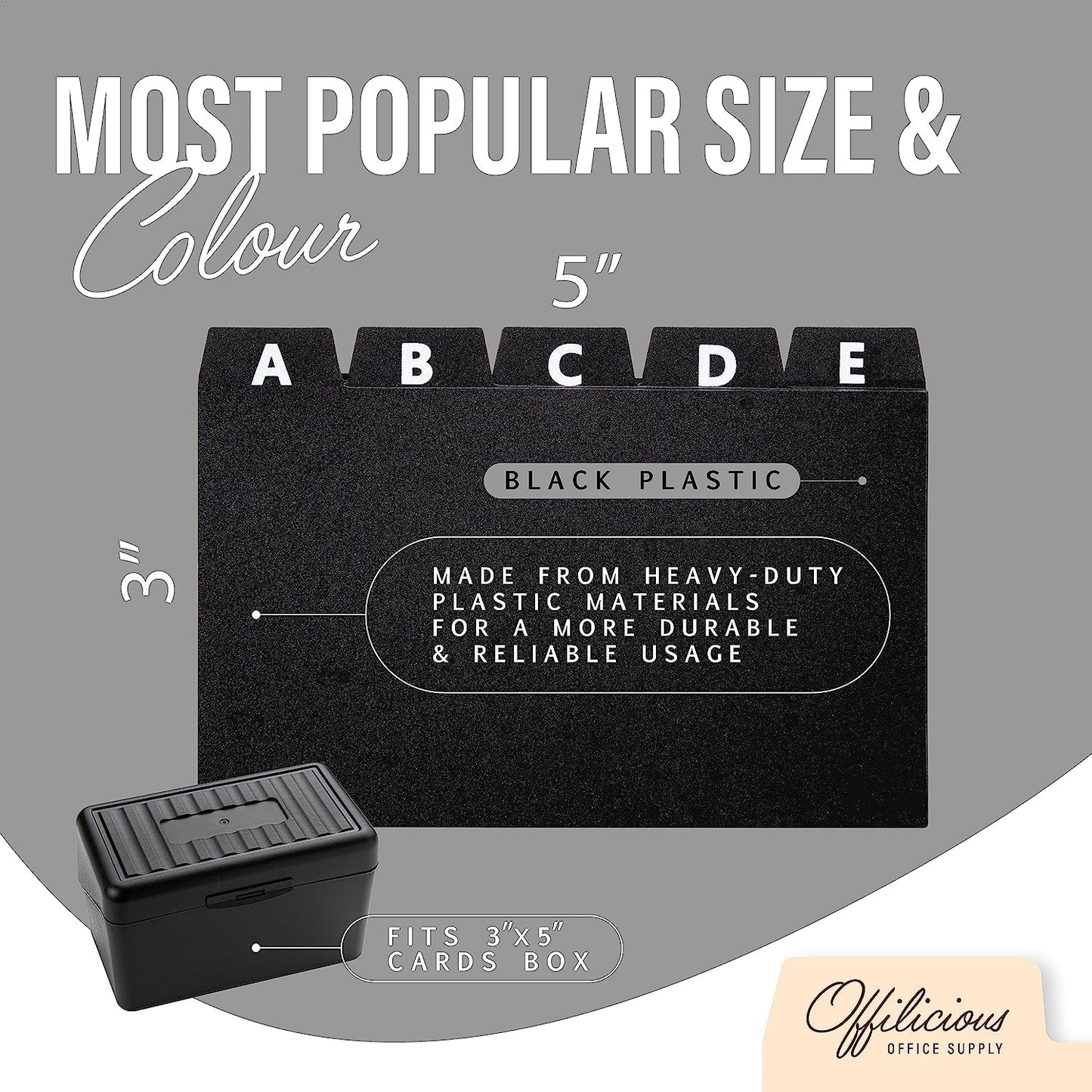 OFFILICIOUS 4x6 Index Card Holder Dividers - 25 Plastic Black Index Card Dividers with Alphabet Tabs - Index Card Organizer, Index Cards, Index Card File Box, Trading Card Dividers, 5 Tab Dividers