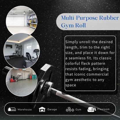 4X10 FT Heavy Duty Rubber Gym Flooring Roll，Rubber Gym Flooring for the Basement, Garage, Gym, Home Gym Flooring, or Playroom -Non-Slip Shock Absorption，Black/Grey