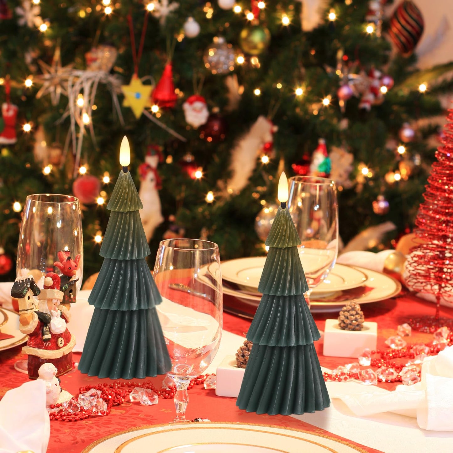 Wondise Christmas Tree Flameless Candles with 6hrs Timer, Real Wax Battery Operated 3D Wick LED Candles Flameless Flickering Candles for Christmas Holiday Decor (2 pcs 3" x 7.1")