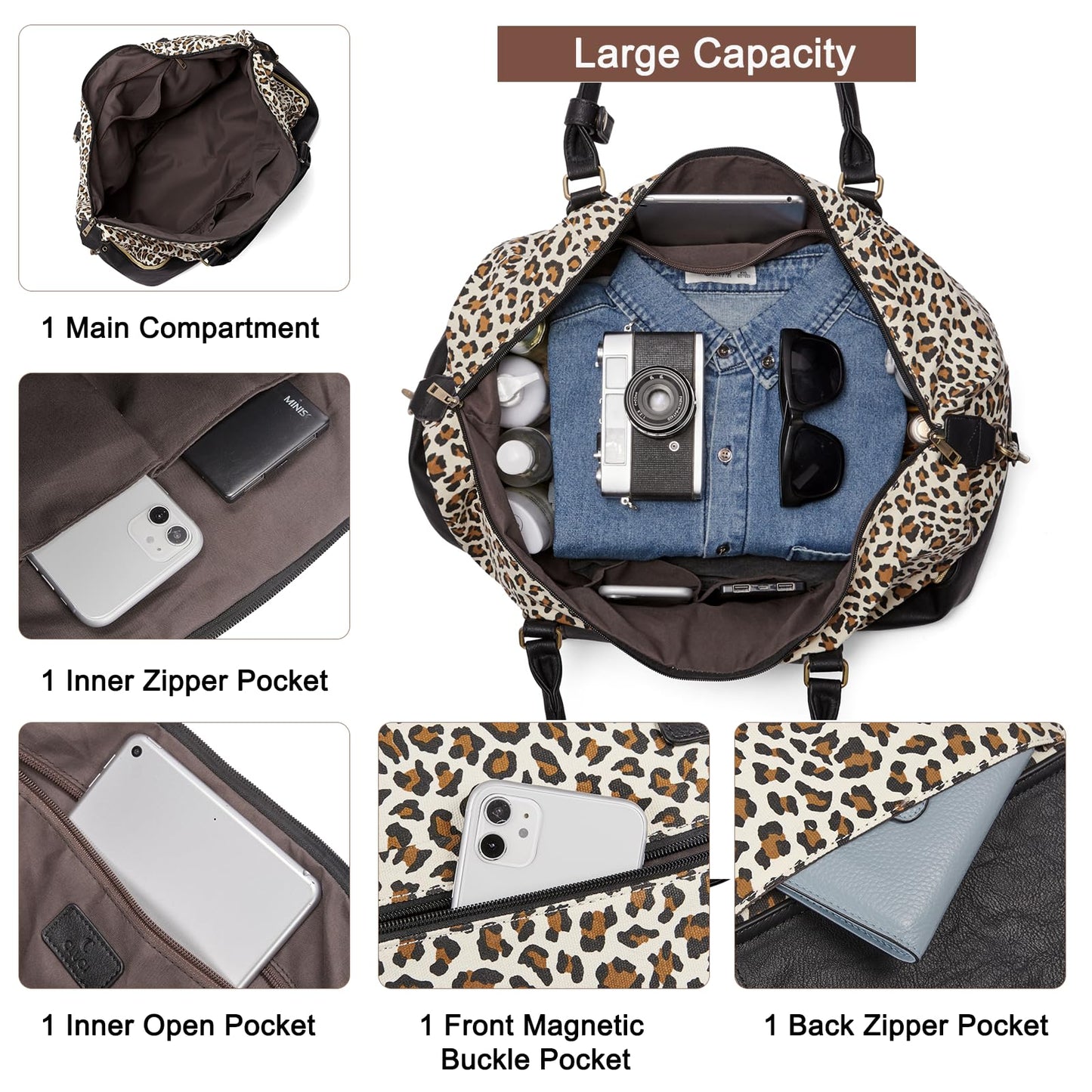 CLUCI Weekender Bag for Women Canvas Large Overnight Travel Duffel Bag with Shoe Compartment Leopard Pattern with Black