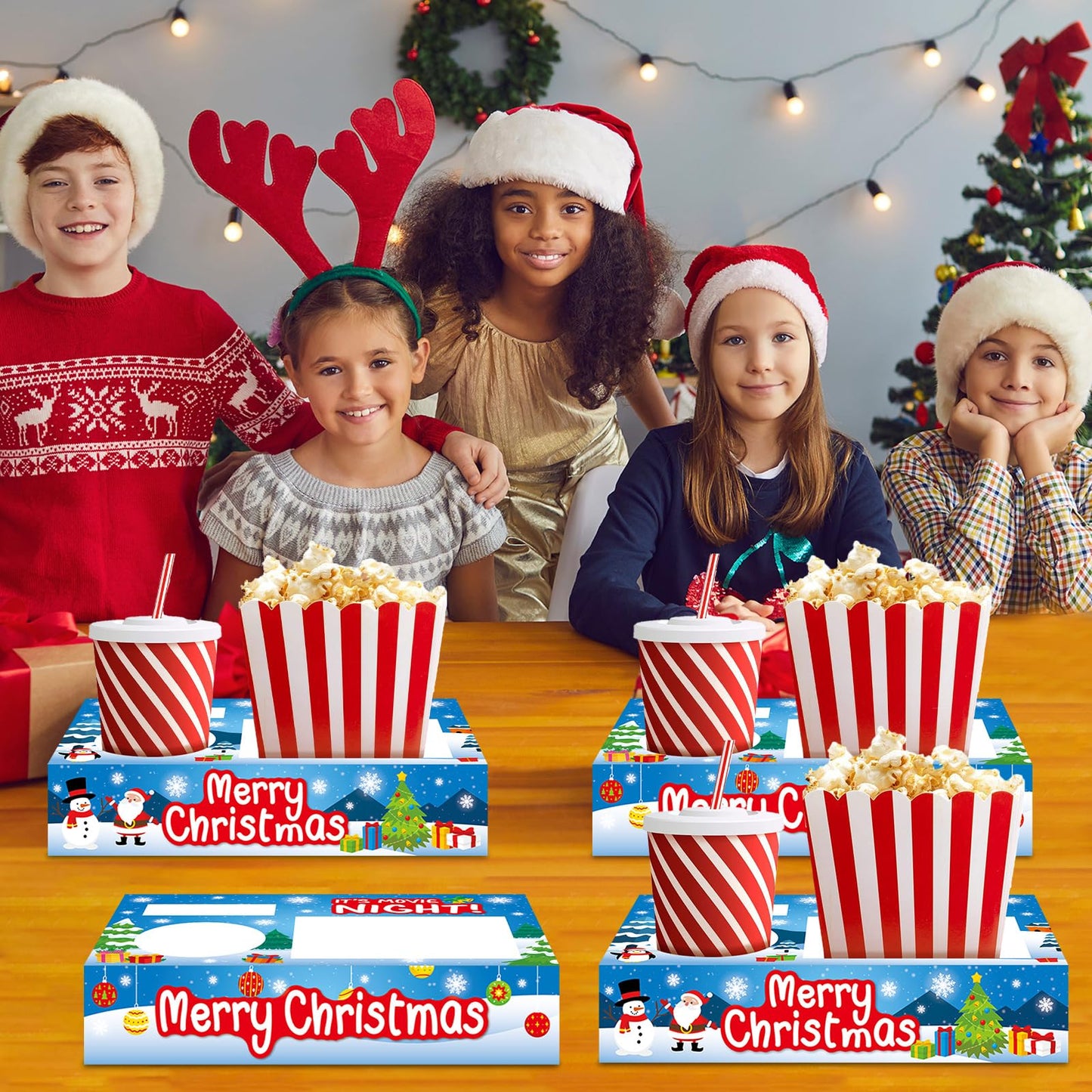 QOUBAI 50Pcs Christmas Party Supplies Movie Night Paper Snacks Boxes Xmas Movie Theater Snack Tray Party Decorations Popcorn Drink Holder Set for Christmas Xmas Tree Snowman Birthday Holiday