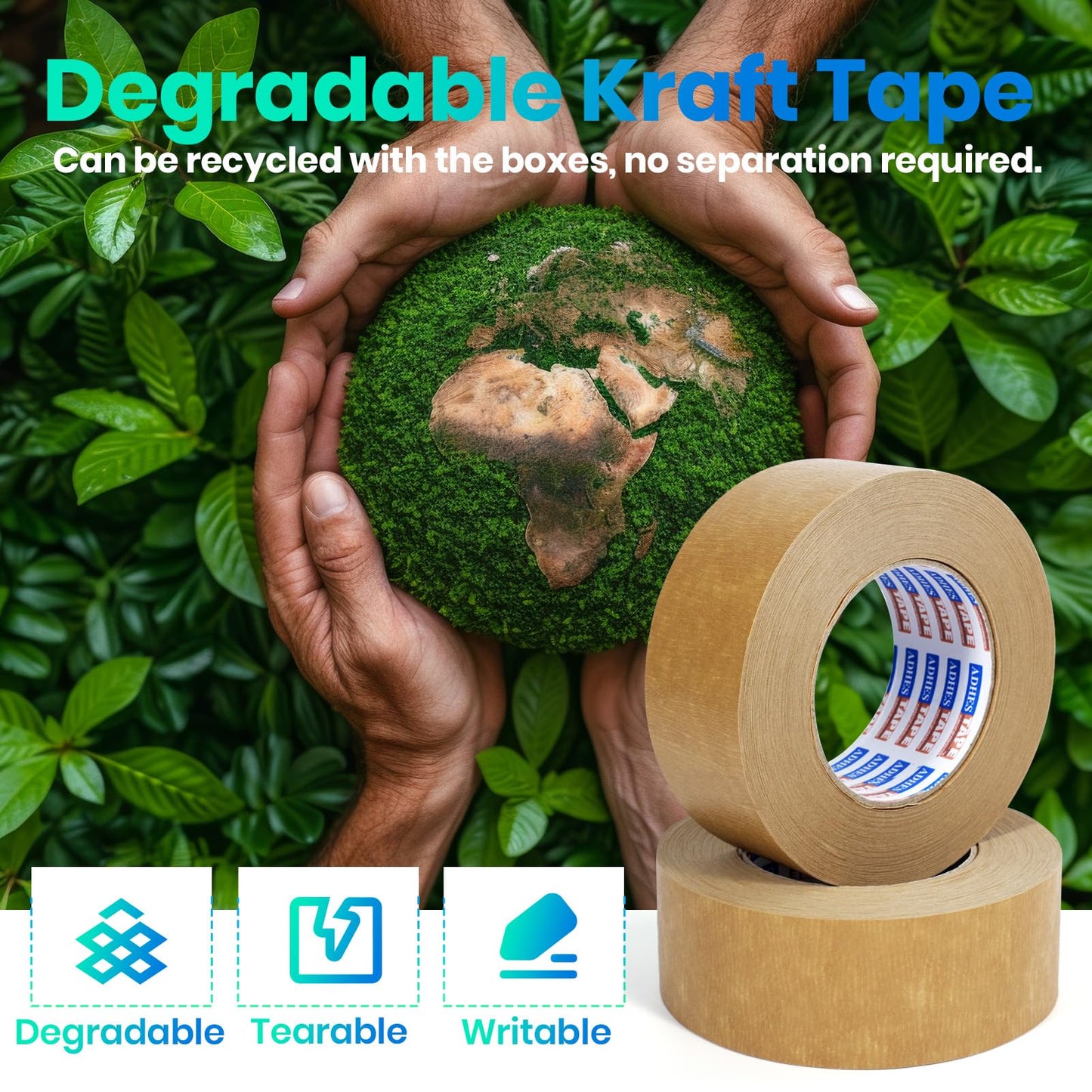 ADHES Premium Kraft Paper Tape, 7.5mil, 2 Inch x 55 Yards x 3 Rolls, Biodegradable Paper Packing Tape Writable & Uncoated Heavy Duty Brown Packing Tape for Shipping, Moving, Sealing
