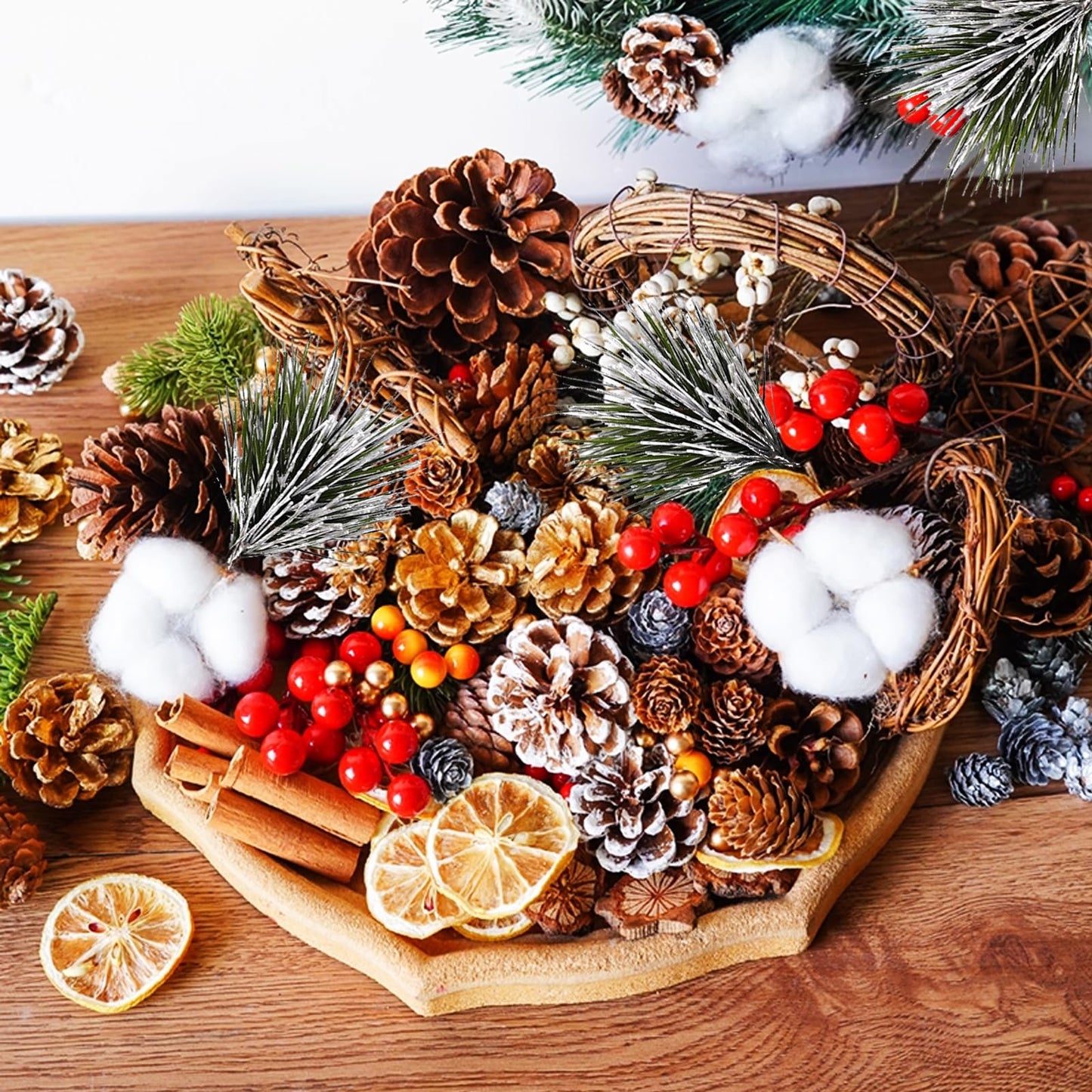 NSBELL 35PCS Artificial Green Pine Needles Branches, Small Pine Twigs Stems Picks, Fake Greenery Pine Picks for Christmas Garland, Wreath, Home Holiday Decoration (Green and White)