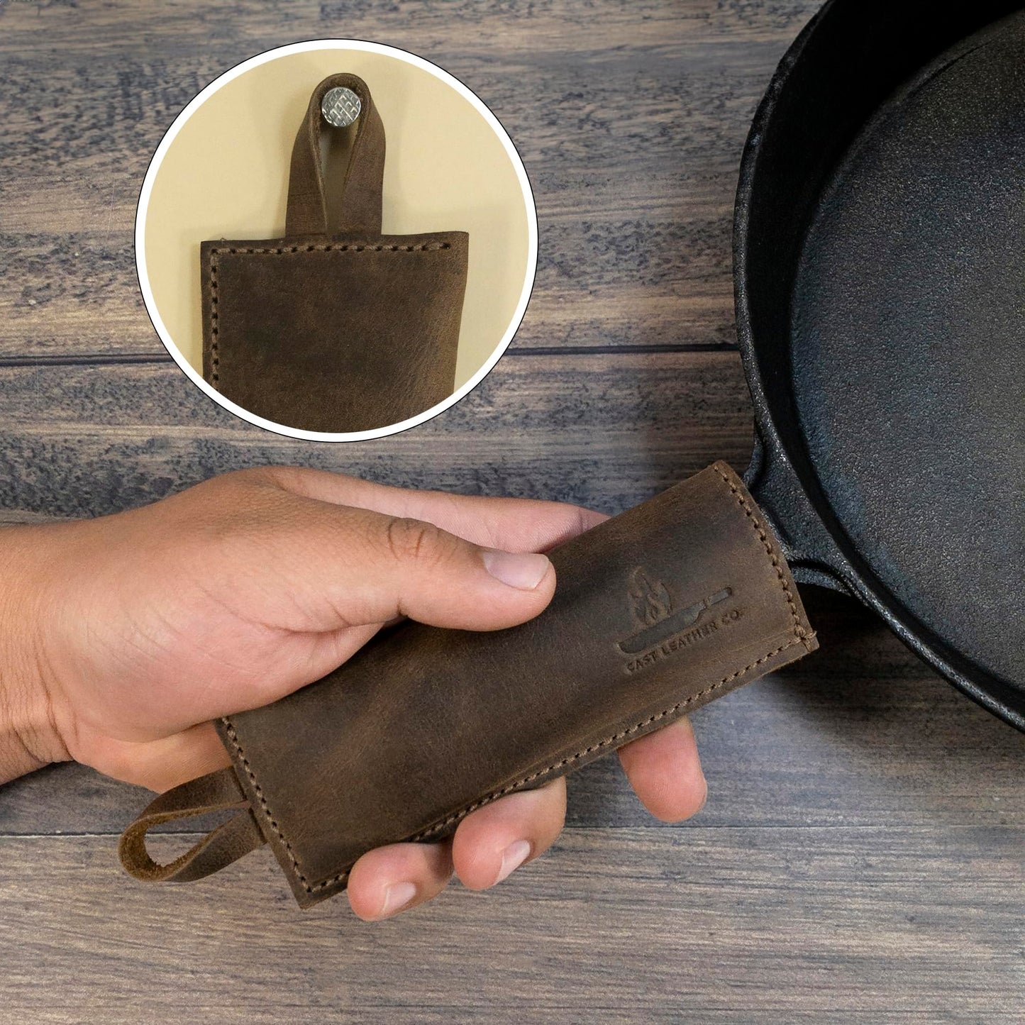 Cast Leather Co., Set of 2 Rectangular Pan Handle Covers, Sleeve for Metal Skillet Grip, Kitchen Accessories, Full Grain Leather, Handmade, Bourbon Brown