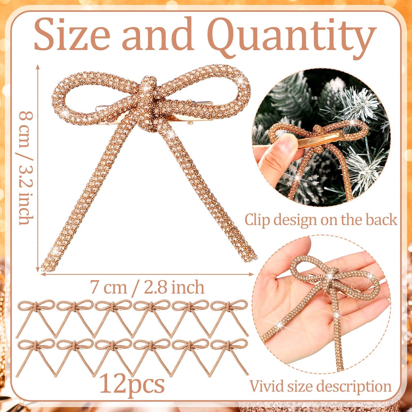 12 Pcs 3.2''x2.8'' Gold Glitter Christmas Bows Ornaments with Clip Metal Shiny Christmas Tree Decorations Bows for Wreath Garland Xmas Party Decorations Wedding Baby Shower Home Indoor Outdoor