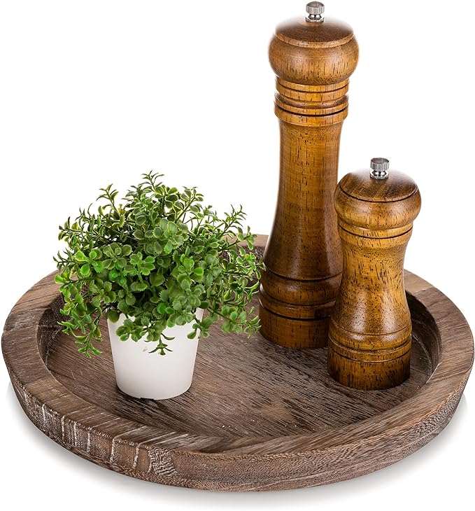 Hanobe Rustic Wooden Serving Tray: Round Wood Butler Decorative Tray Vintage Centerpiece Candle Holder Trays Farmhouse Ottoman Tray for Decor Countertop Home Decor Accessories for Coffee Table