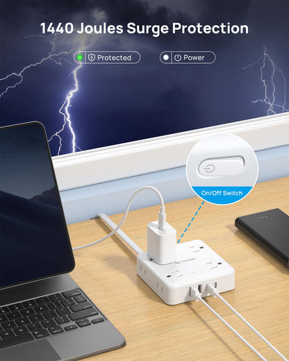 TROND 360° Rotating Plug Power Strip, 5FT Flat Extension Cord with Multiple Outlets 4 USB (2 USB C), Wall Mount Surge Protector 1440 Joules for Home Office Travel Dorm Room Essentials, White