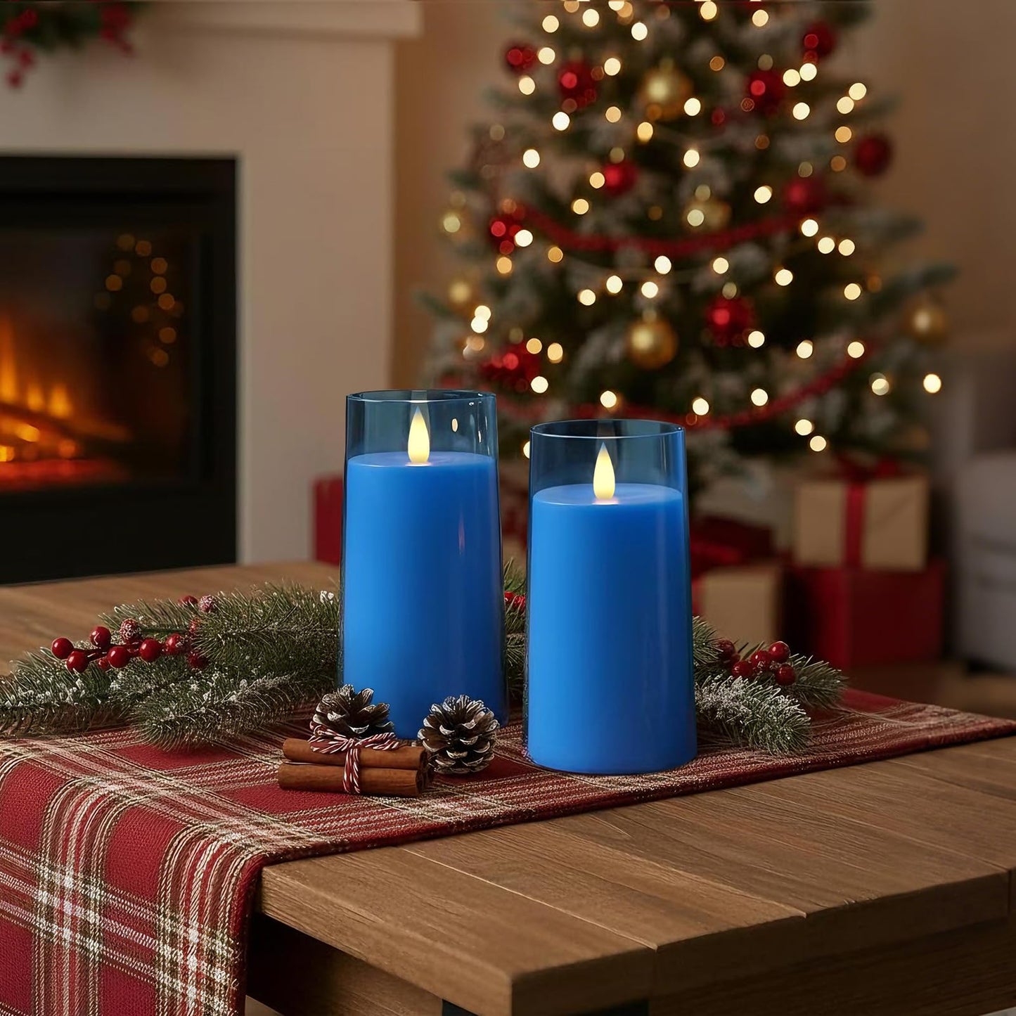 Raycare Flameless Electronic Pillar Candles with Remote Control and Timer- Battery Operated Realistic Flickering LED Fake Candle for Home, Wedding, Valentine's Day Decor,Blue,Set of 2(3"x6"6")