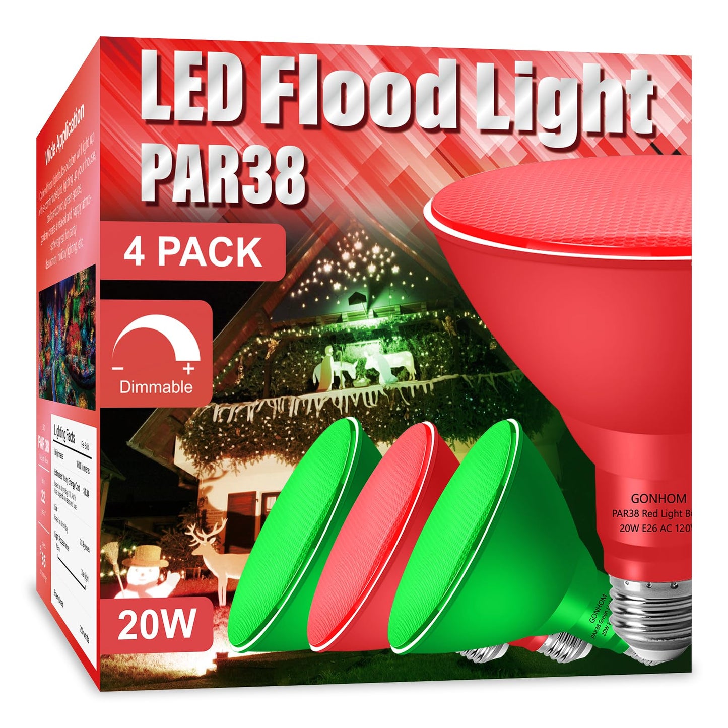Gonhom PAR38 Flood Lights Outdoor,Dimmable LED Flood Light Bulbs,20W(Equivalent to 200W),E26 Base,Outdoor Porch,Holiday Lighting,LED Flood Light Bulb for Halloween,Christmas,4 Pack Red Green