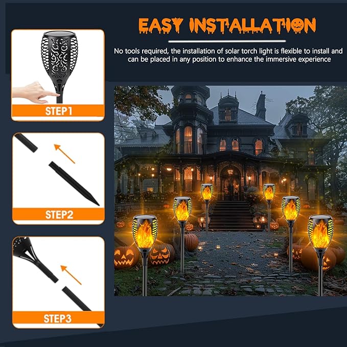 SANJICHA 4 Pack Super Larger Size Solar Flame Torch Extra Bright Tiki Lights Outdoor Decorative with Flickering Flame, Solar Outdoor Lights Waterproof Lamps for Outdoor use Garden Pathway Yard