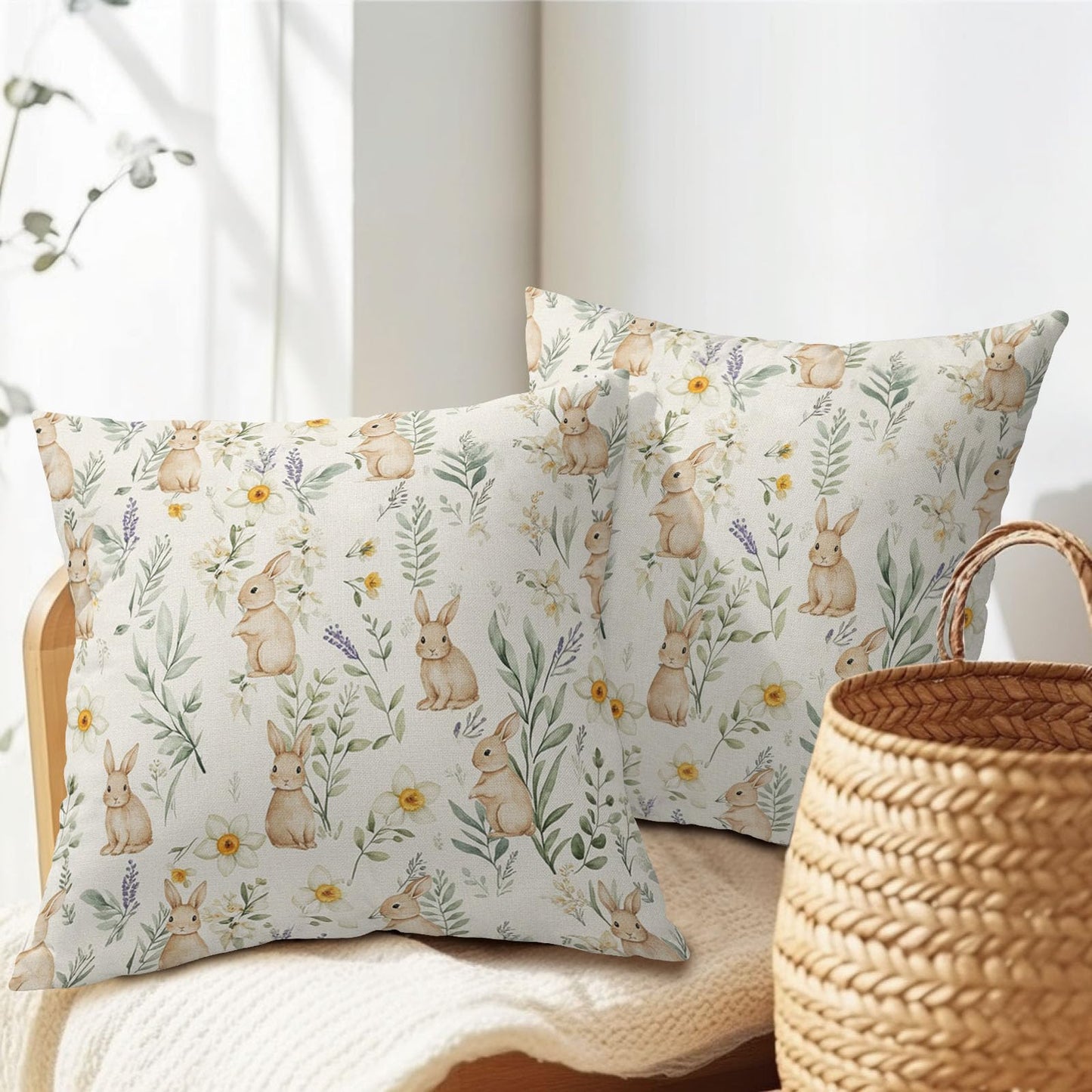 Kawani Easter Spring Pillow Covers 18X18 Inch Bunny Floral Botanical Green Leaf Rabbit Decorative Pillow Cases Set of 2 Holiday Farmhouse Throw Pillows for Sofa Couch Outdoor