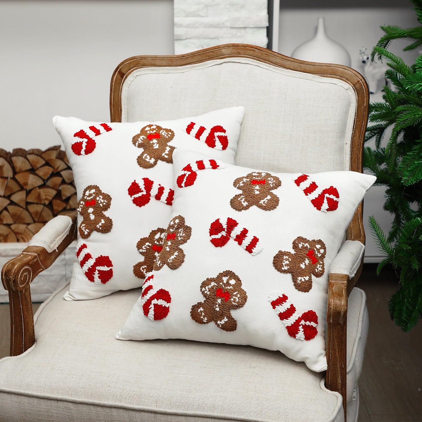 Mixweer 2 Pcs Tufted Christmas Throw Pillow Cover 18 x 18 Inch Gingerbread Pillow Covers 3D Candy Xmas Pillows Case Decorative Soft Cushion Cover for Sofa Couch Bed Room