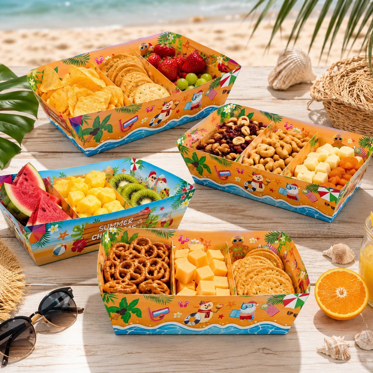 NOVBAUB 24PCS July Christmas Snack Bowl - Paper Summer Christmas Party Decorations Supplies for Barn Bash Summer Santa in July Beach Themed Serving Tray Tableware Carnival Decor