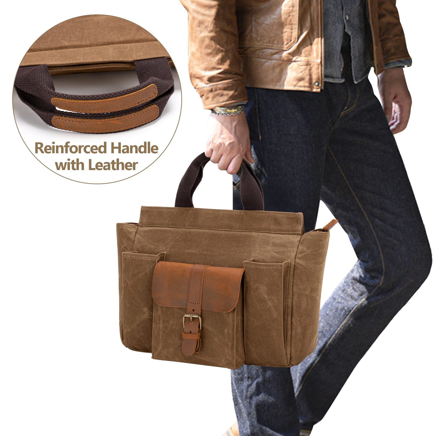 LoDrid Tote Bartender Bag, Genuine Leather Waxed Canvas Portable Carrying Cocktail Shaker Kit Bag with Handle for Travel Home Indoor Outdoor Party (Bag Only)(Patent Design)
