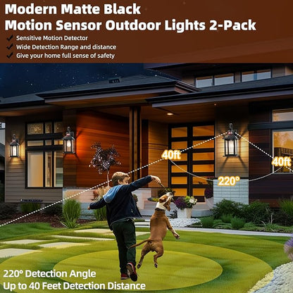 Motion Sensor Porch Lights Dusk to Dawn 16 Inch, 2-Pack Aluminum Anti-Rust Black Large Outdoor Sconces Wall Mounted House Lighting Exterior Coach Lights Patio Light Fixtures, E26