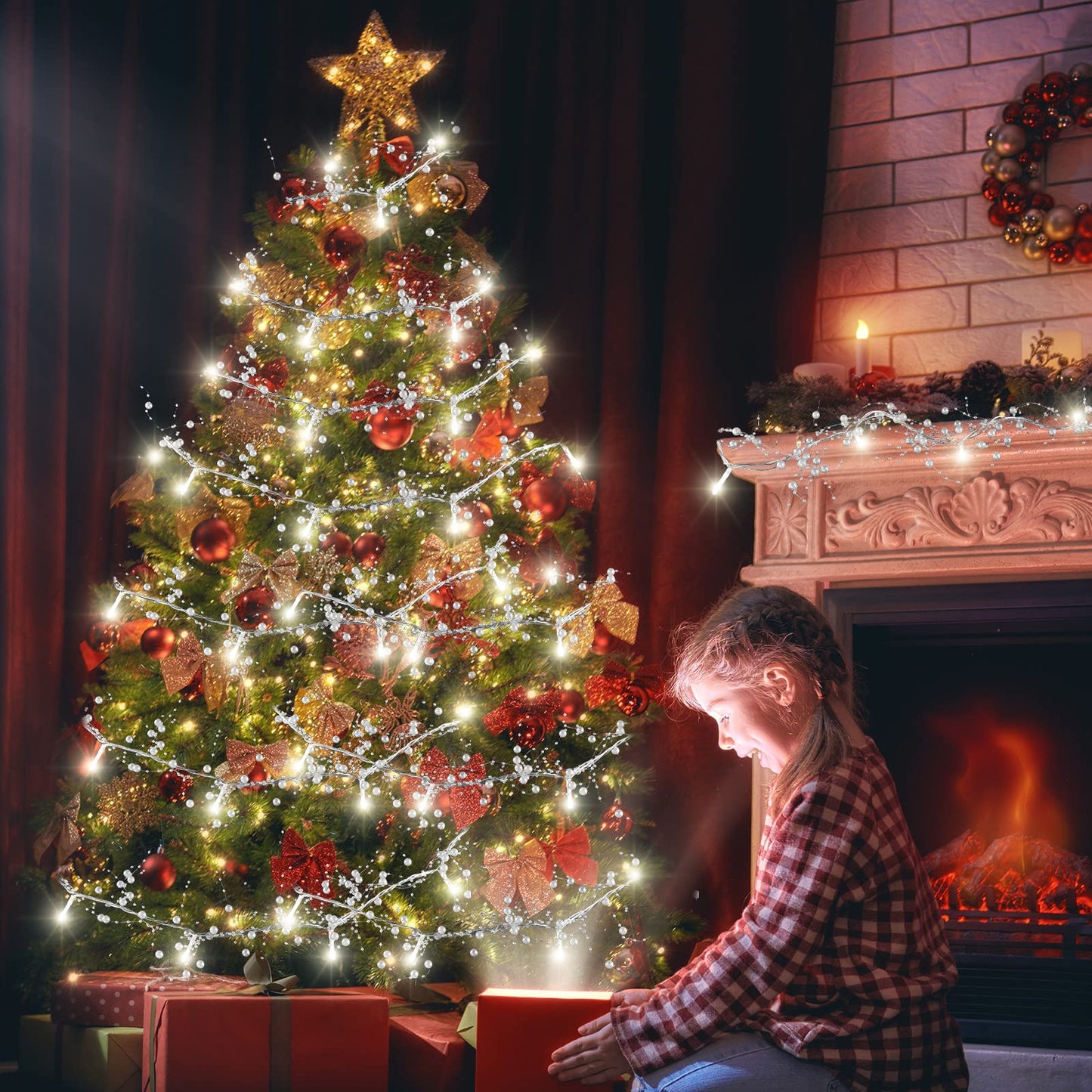 Honoson 33 ft Christmas White Berry Garland Lighted Berry Beaded Garland Christmas Fireplace Decorations, Glitter LED Bead for Fireplace Indoor Outdoor Decor