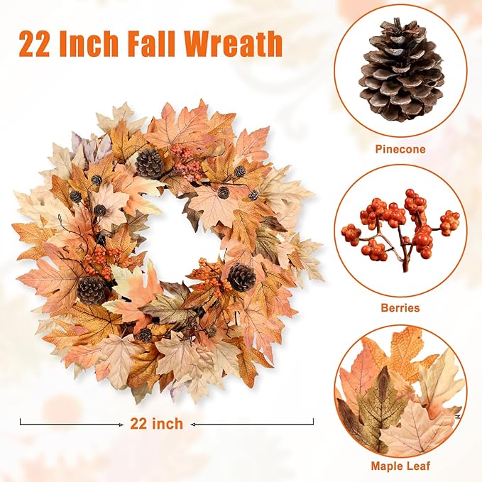 22 Inch Fall Wreaths for Front Door Outside Timer Function Pinecones Berries Autumn Fall Wreaths with 30 Warm Lights Decorations for Home Wall Porch Door Yard Harvest Mantle Fireplace Window Decor