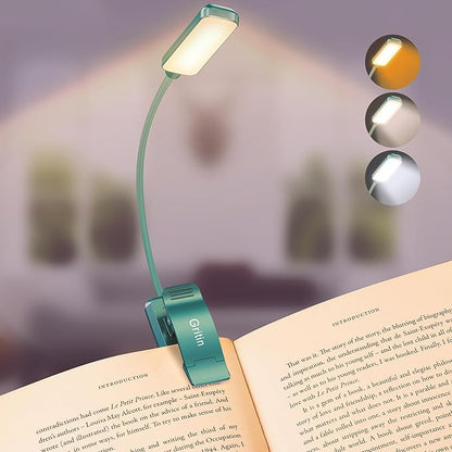Gritin 9 LED Rechargeable Book Light for Reading in Bed - Eye Caring 3 Color Temperatures,Stepless Dimming Brightness,80 Hrs Runtime Small Lightweight Clip On Book Reading Light for Studying-Green