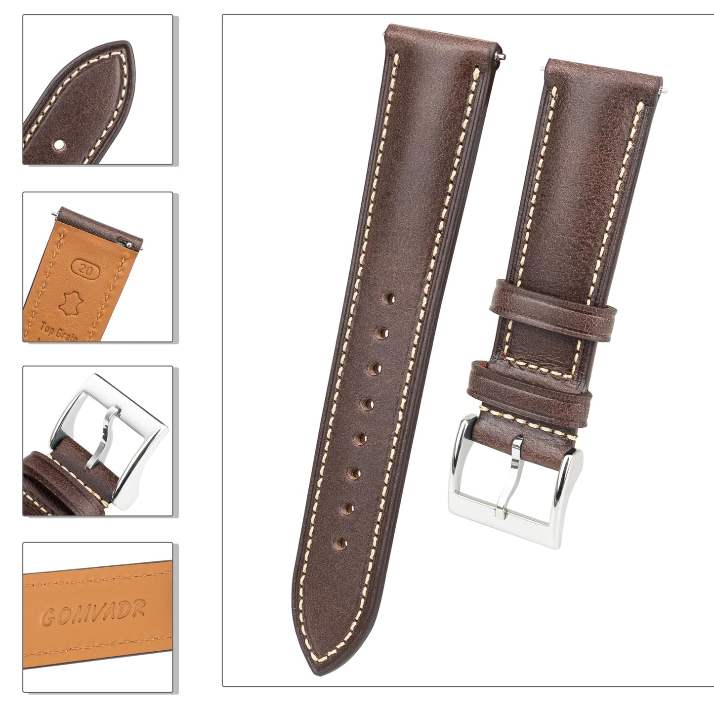 Gomvadr Vintage Genuine Top Grain Leather Watch Strap Quick Release, 18/19/20/21/22/24mm, Silver/Black Buckle, Universal Fit Unisex for Daily Wear (Black with Silver Buckle, 21mm)