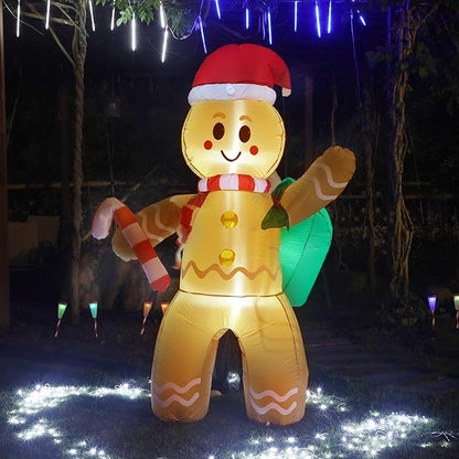 Christmas Inflatables 6 Ft Gingerbread Man with Gift Bag and Candy Cane, LED Lights Blow up Xmas Decorations for Indoor Outdoor Yard Garden Lawn Holiday Party Decor