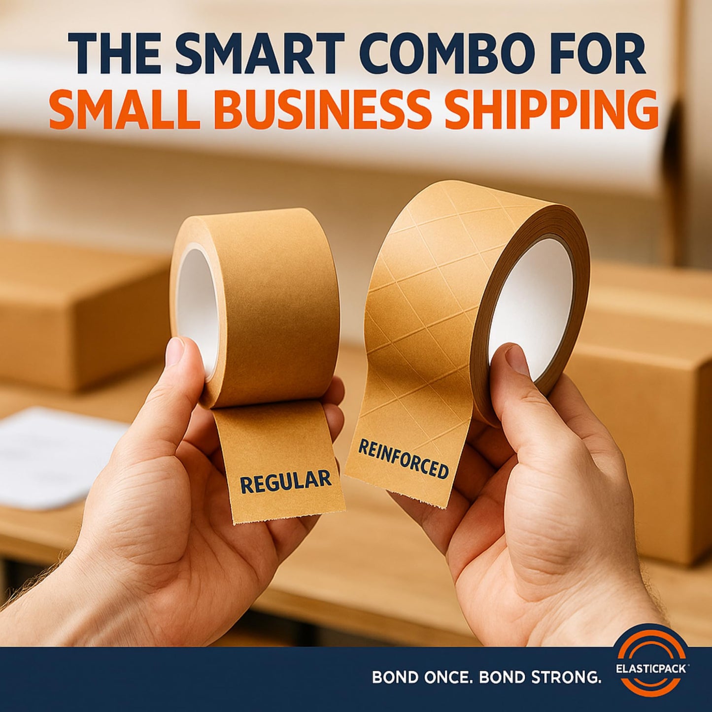 Elasticpack Packing Tape for Boxes 4-Pack – Kraft Brown Paper Box Tape, 2 Regular + 2 Reinforced Rolls for Everyday & Heavy-Duty Box Shipping, Self-Adhesive, No Water Needed, 1.88 in x 55 yd