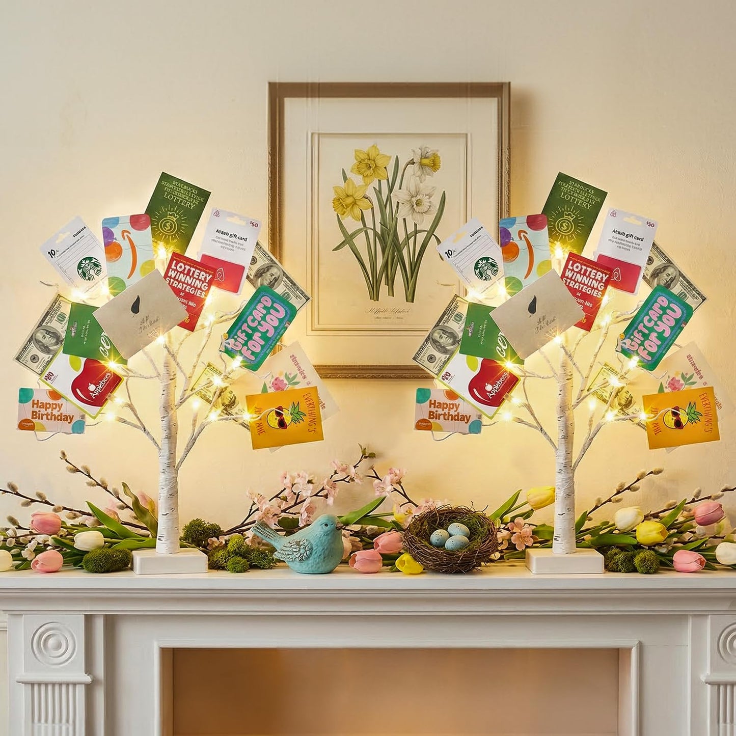 EAMBRITE Money Tree Gift Holder, Gift Card Tree 2FT 24LED, Lighted Birch Trees Battery/USB Powered Timer Photo Display with 24 Clips and 12 Cards for Home Graduation Christmas Picture Memo 2 Pack