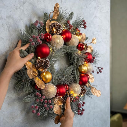 YULETIME 20-inch Christmas Wreath, Battery Operated Holiday Wreath with 20 Fairy Lights, Red & Gold Baubles, Frosty Red Berries, Pine Cones, Golden Leaves, Frosted Spruce Branches & Pine Needles