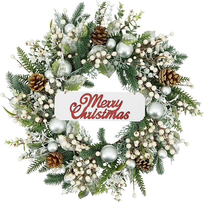 YNYLCHMX 20 Inch Winter Wreath for Front Door, Winter Wreaths with Welcome Sign Pine Needle Pine Cone Berry Artificial Door Wreaths for Window Wall Fireplace Farmhouse Holiday Party Decoration