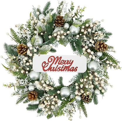 YNYLCHMX 20 Inch Winter Wreath for Front Door, Winter Wreaths with Welcome Sign Pine Needle Pine Cone Berry Artificial Door Wreaths for Window Wall Fireplace Farmhouse Holiday Party Decoration