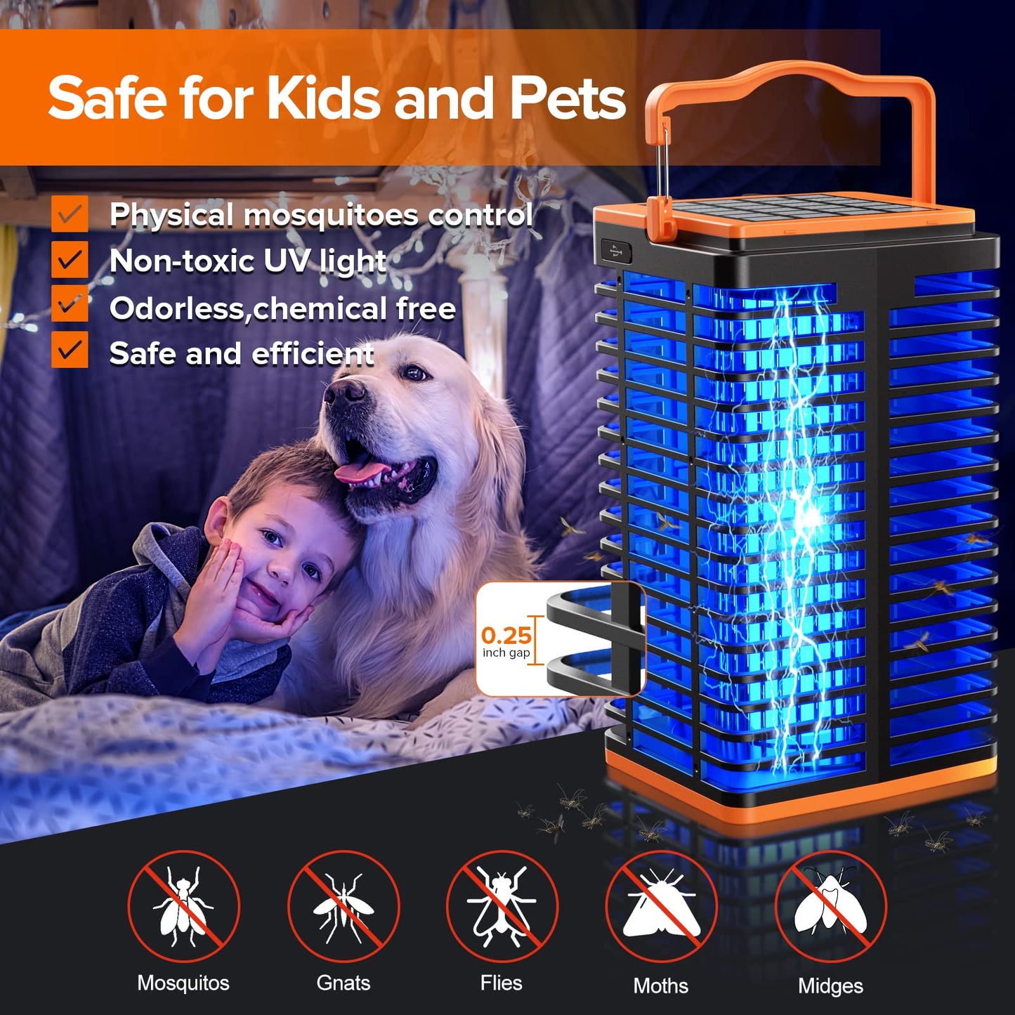 Bug Zapper Indoor Outdoor, Mosquito Trap Cordless & Rechargeable, Mosquito Zapper Solar Powered, 4200V Killer with Reading Lamp Equipped 4000mAh Battery for Home