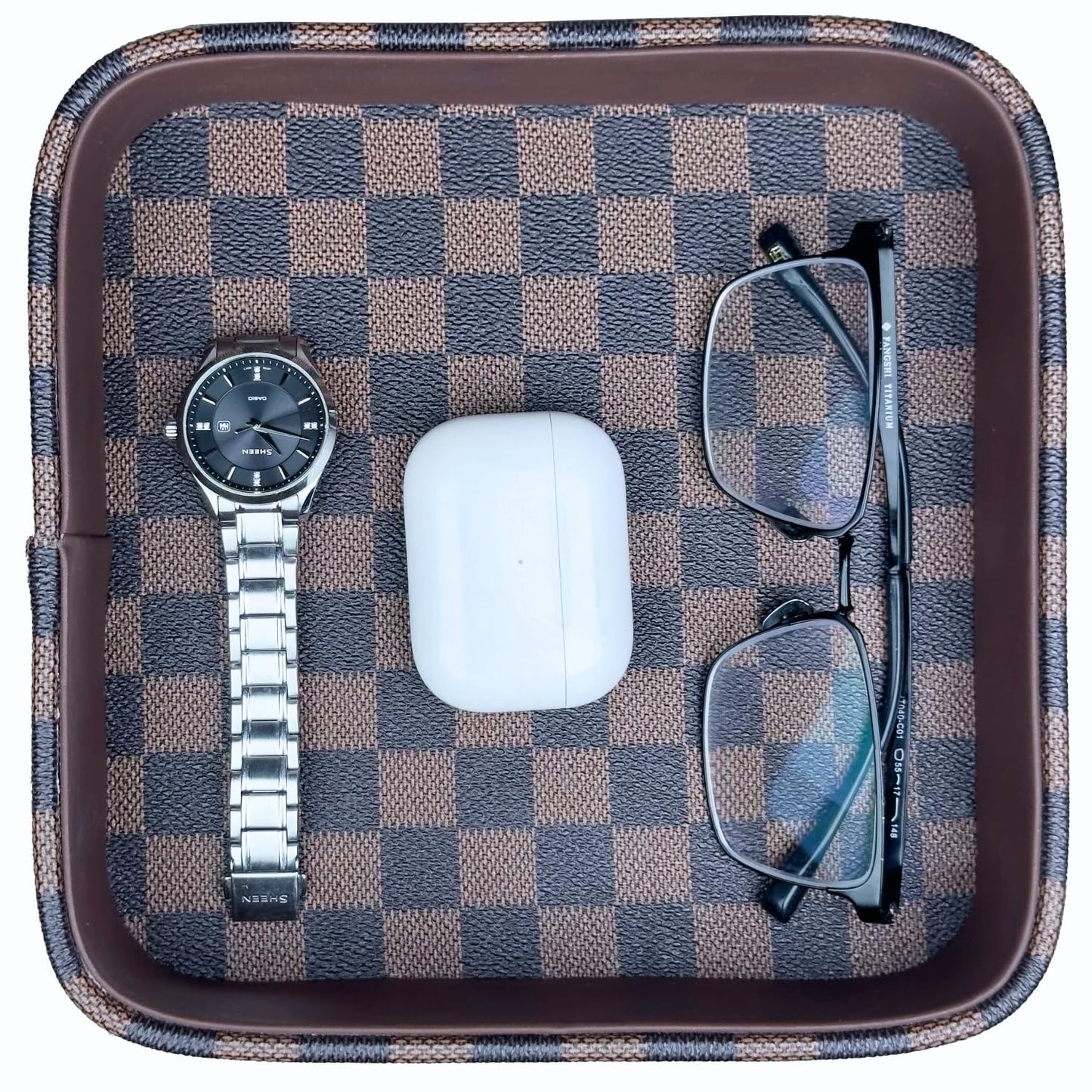 NAKOR HOME Leather Valet Tray for Men (Solid Wood Inside), Key Trays Bowl for Entryway Table, EDC Catch All Dish, Organizer Decorative Tray for Cologne Jewelry Perfume Watch Wallet- Brown Checkered PU