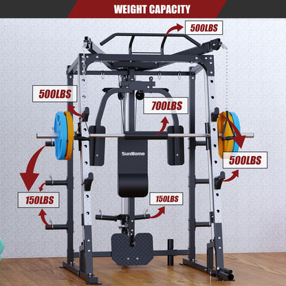 SunHome Smith Machine, Power Cage Squat Rack with Smith Bar, LAT Pull-Down Systems, Cable Crossover Machine and Cable Attachment for Home Gym