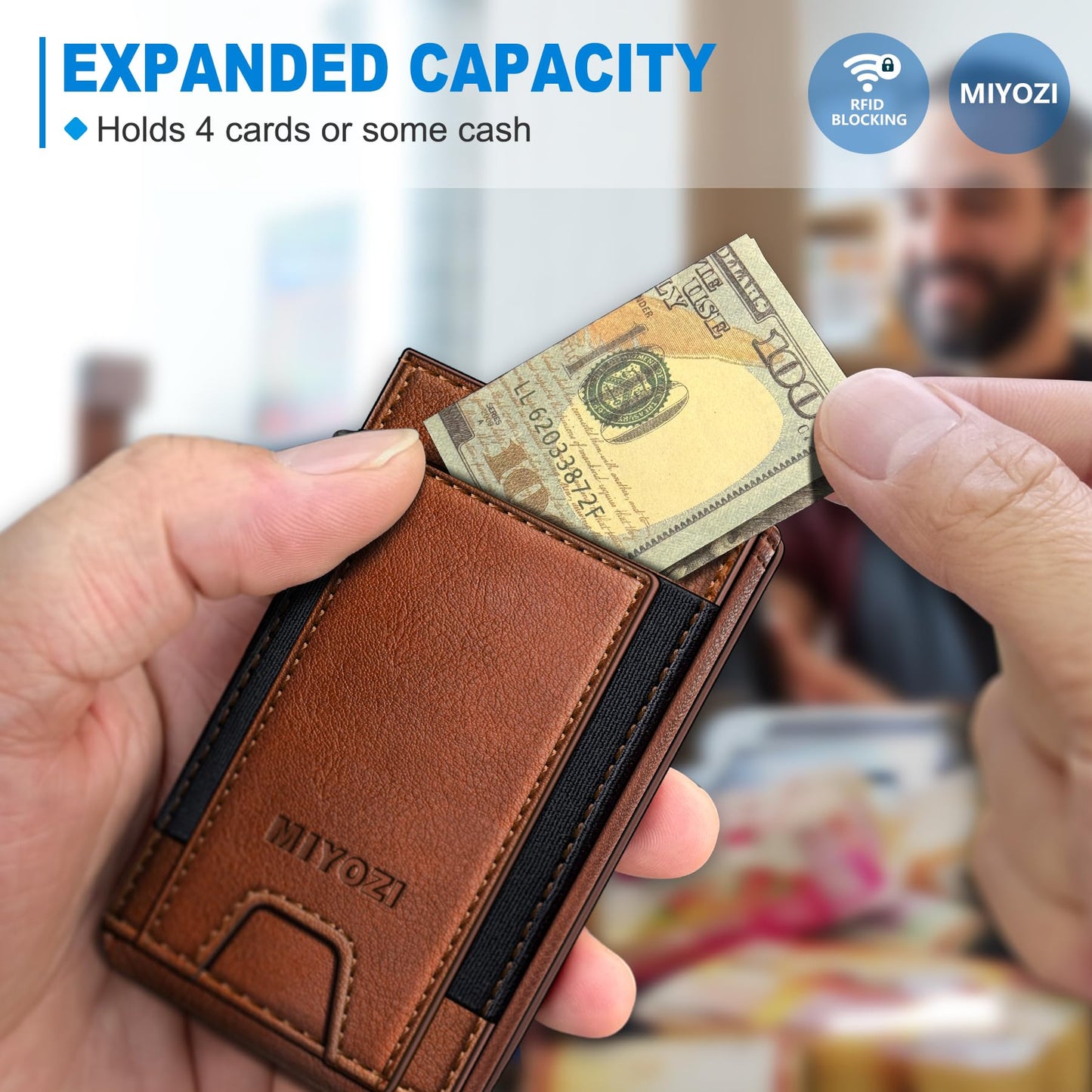 miyozi Wallet for Men, Slim Pop Up Card Holder - RFID Blocking Minimalist Bifold Wallet with ID Window, Holds 9-11 Cards & Stretchable Strap, Metal Flip Case with Magnetic Closure, Gift Box