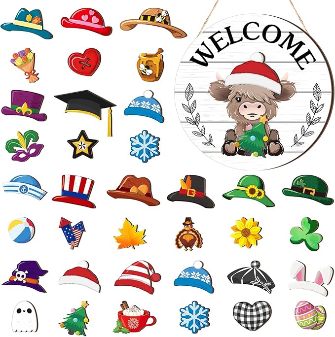 35 Pcs Christmas Interchangeable Highland Cow Welcome Sign Highland Cow Seasonal Wooden Hanging Door Decor Thanksgiving Farmhouse Hanging Sign for Front Door Xmas Party Decoration Gift(White)