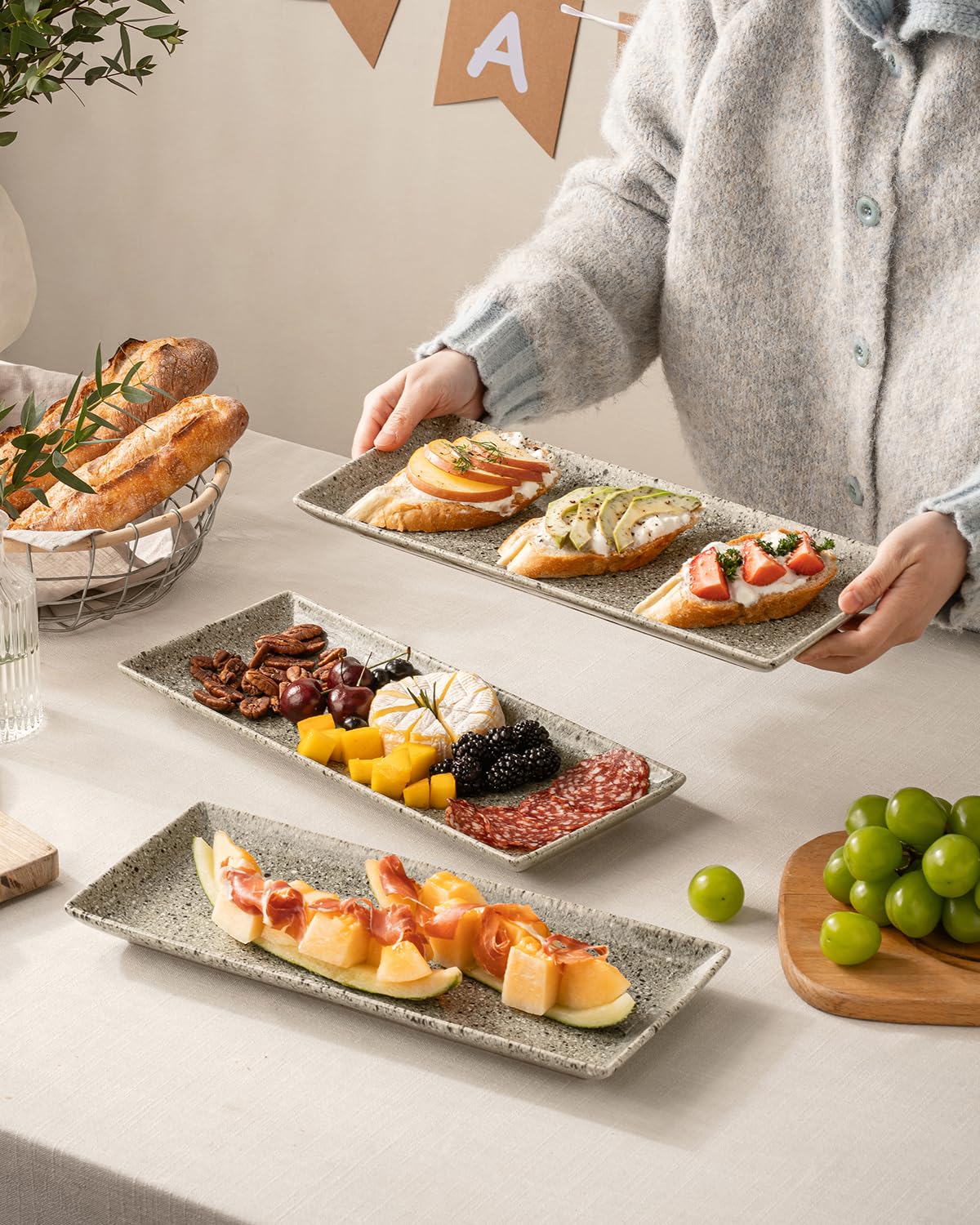 LAUCHUH 3 Tier Serving Trays for Party, 14 inch Dessert Party Display Stand Serving Platters and Trays with Collapsible Sturdier Rack for Father's Day Serving Food, Speckled Gray