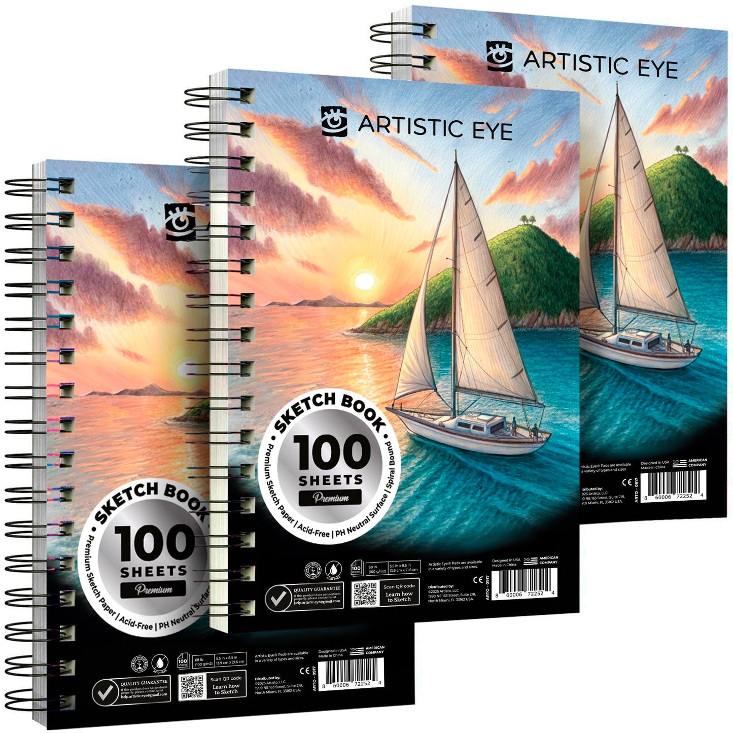 ARTISTIC EYE 5.5X8.5” Premium Sketch Book Set, Pack of 3 (300 Sheets), 68lb (100gsm), Spiral Bound, Acid-Free Drawing Paper, Perfect for Most Dry Media, Ideal for Beginners & Professionals (Set of 3)
