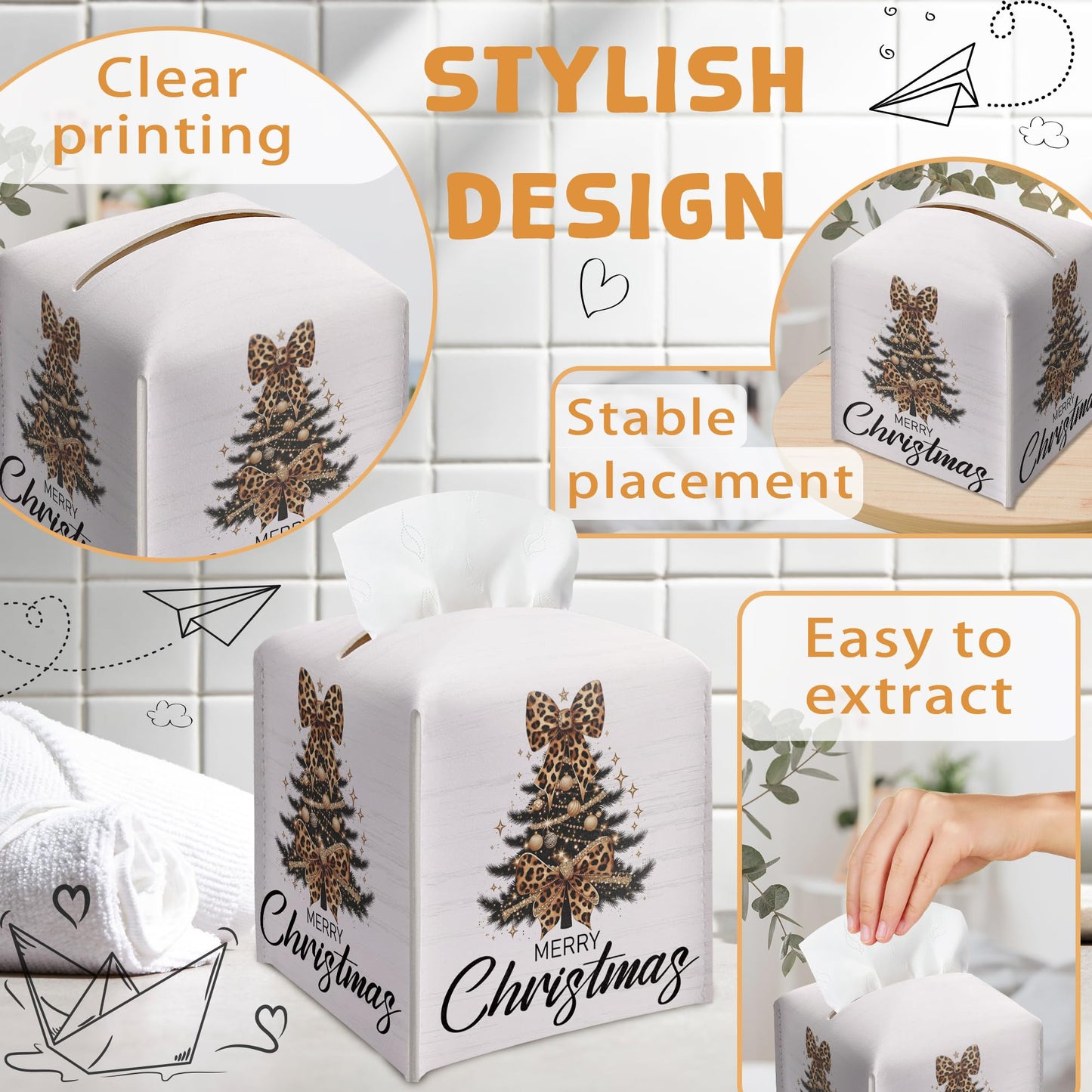 Christmas Tree Tissue Box Holder, Leopard Print Christmas Tree Leather Tissue Box Cover Square, Paper Facial Decorative Tissues Cover for Night Stands Bathroom Office Home Decor-B13
