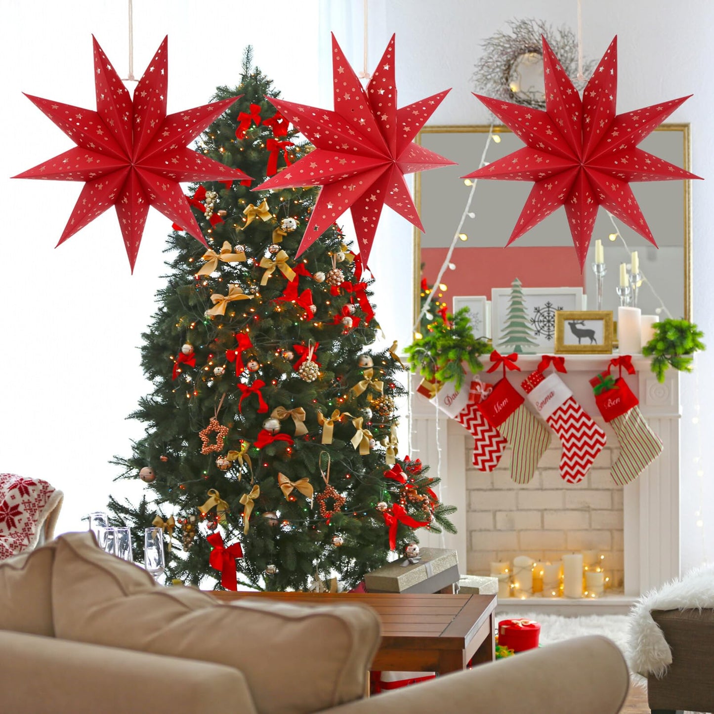3Pcs Paper Star Lantern Lampshade 9 Pointed Star Hanging Decorations for Christmas New Year Wedding Party Holiday Birthday, Red