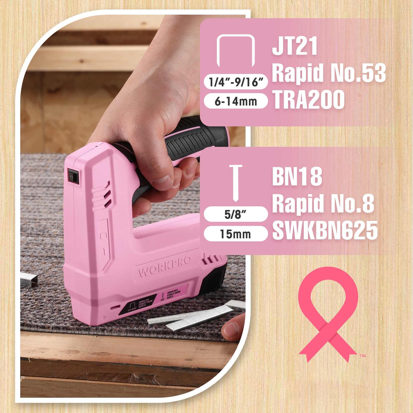 WORKPRO Electric Staple Gun, 2-in-1 Brad Nailer Electric with 2000PCS Staples Nails & USB Charger, 3.6V Staple Gun for Upholstering, Crafts, Carpentry, DIY, Pink Ribbon